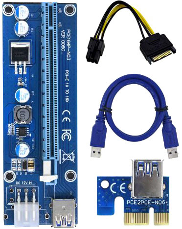  Dynamode PCI-E x1 to 16x 60cm USB 3.0 Cable SATA to 6Pin Power v.006C Blue